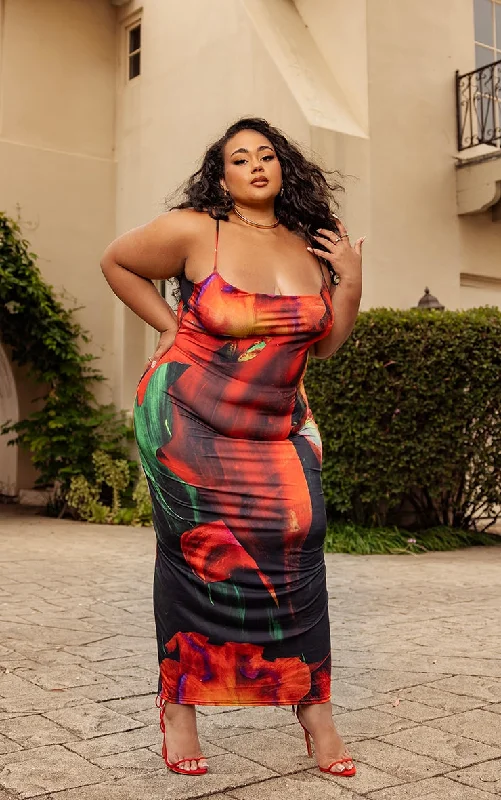 Plus Multi Printed Cowl Neck Midi Dress Fashionable A-Line Midi Dress