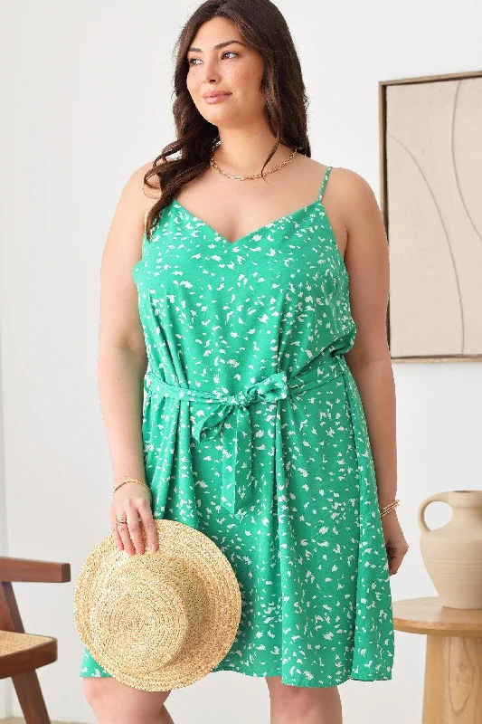 Plus Size Sleeveless Waist Tie Ditsy Print Midi Dress Comfortable Wrap Midi Dress
