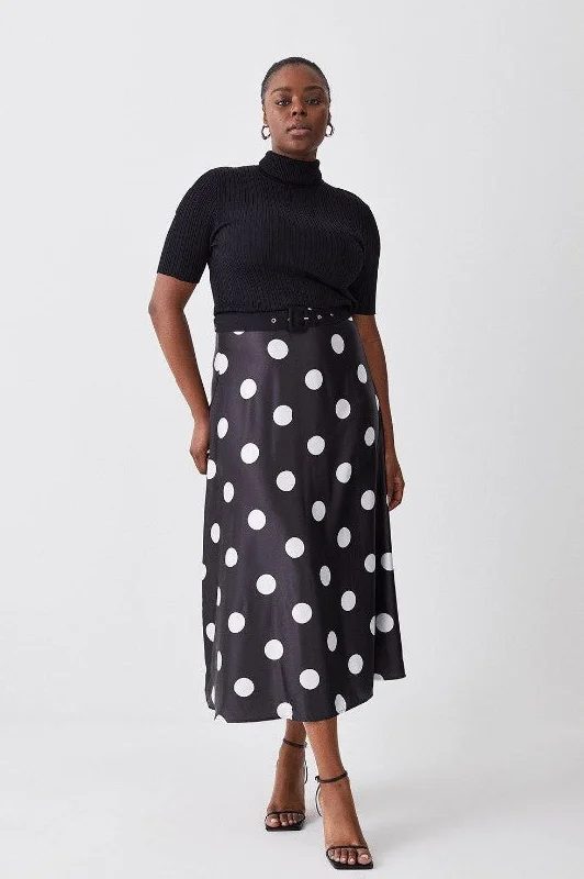 Plus Size Printed Satin Skirt Rib Knit Mix Midi Dress Elegant Velvet Midi Dress