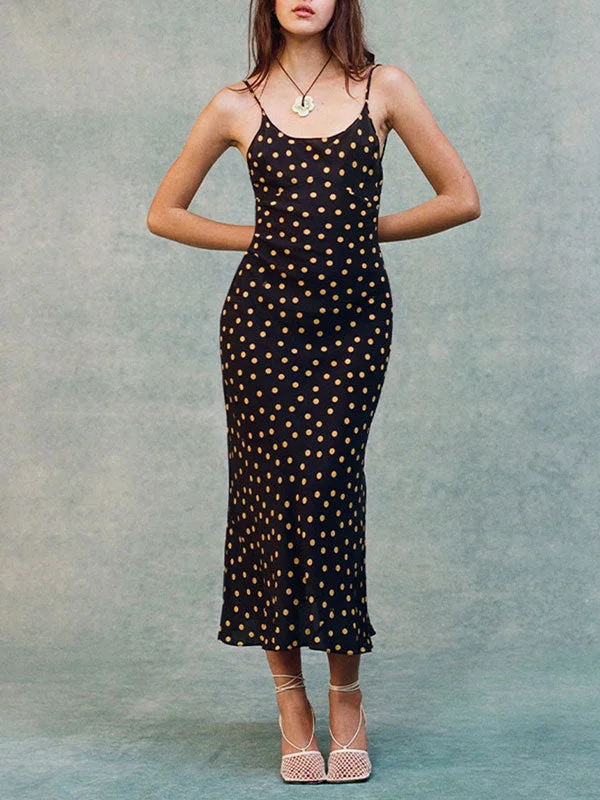 Polka Dot Print V Neck Black Midi Dress Comfortable Draped Midi Dress