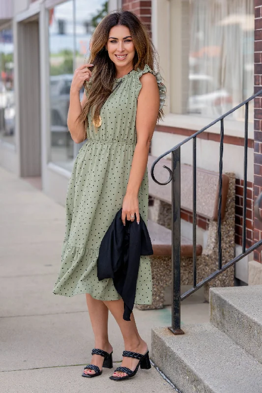 Polka Dottie Cinched Neck Midi Dress Stylish Tiered Midi Dress