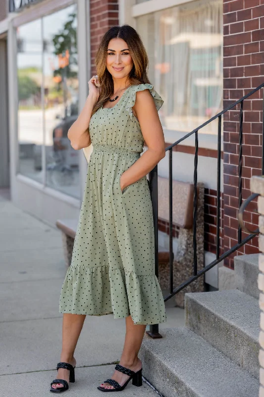 Polka Dottie Ruffle Trim Midi Dress Comfortable Ribbed Midi Dress