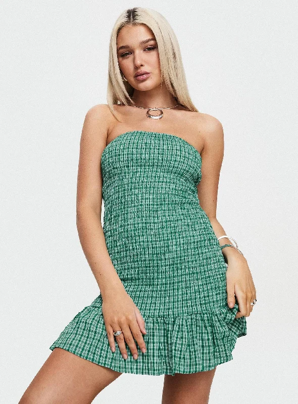 Porschia Strapless Mini Dress Green Check Trendy Bodycon Mini Dress