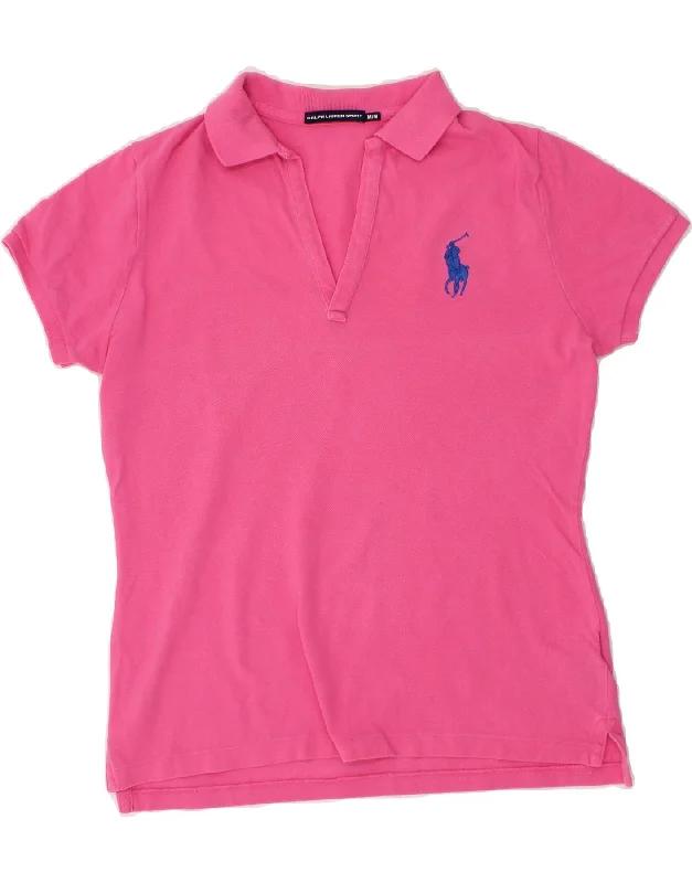 RALPH LAUREN Womens Polo Shirt UK 14 Medium Pink Cotton Relaxed Fit Short Blouse