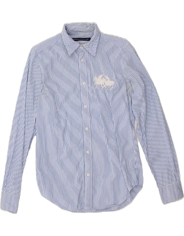 RALPH LAUREN Womens Shirt US 8 Medium Blue Striped Cotton Chic V-Neck Short Blouse