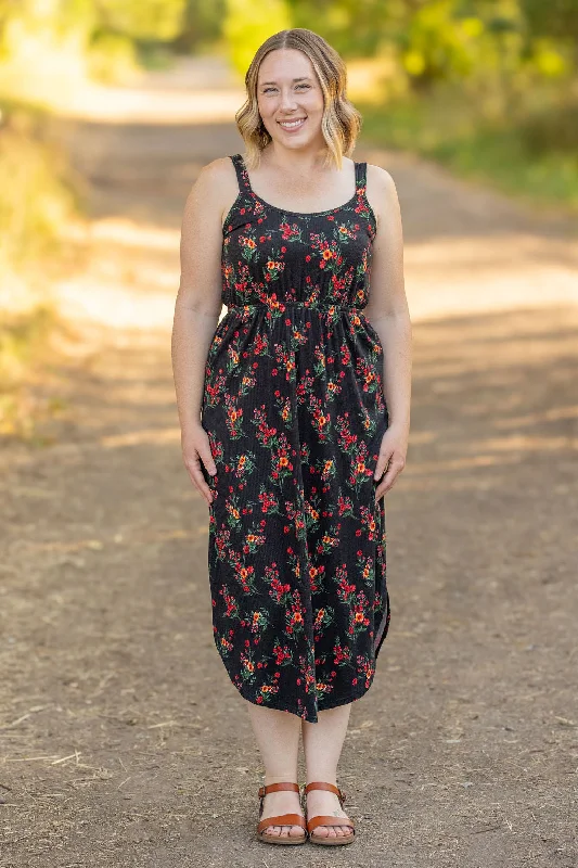 Reagan Ribbed Midi Dress - Black Floral by Michelle Mae Elegant Puff Sleeve Midi Dress