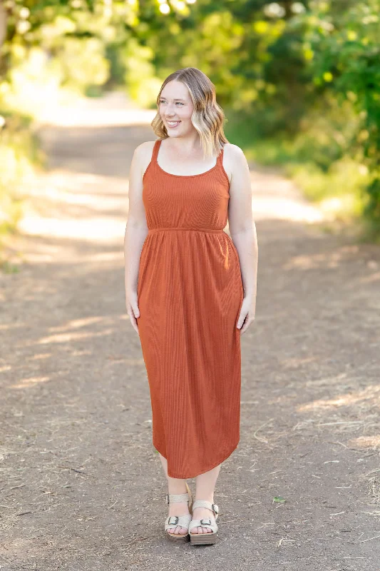 Reagan Ribbed Midi Dress - Rust by Michelle Mae Elegant Lace Trim Midi Dress