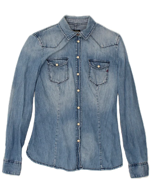 REPLAY Womens Denim Shirt UK 10 Small Blue Classic Button-Up Short Tee