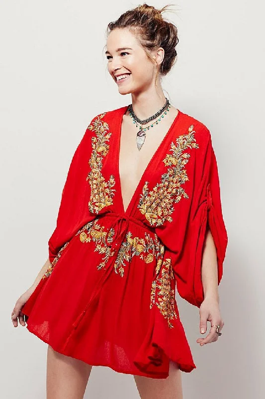 Retro Embroidered Deep V Sleeved Boho Style Mini Dress - Red Trendy Cut-Out Mini Dress