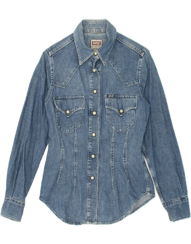 RIFLE Womens Denim Shirt UK 6 XS Blue Cotton Elegant Draped Short Shirt