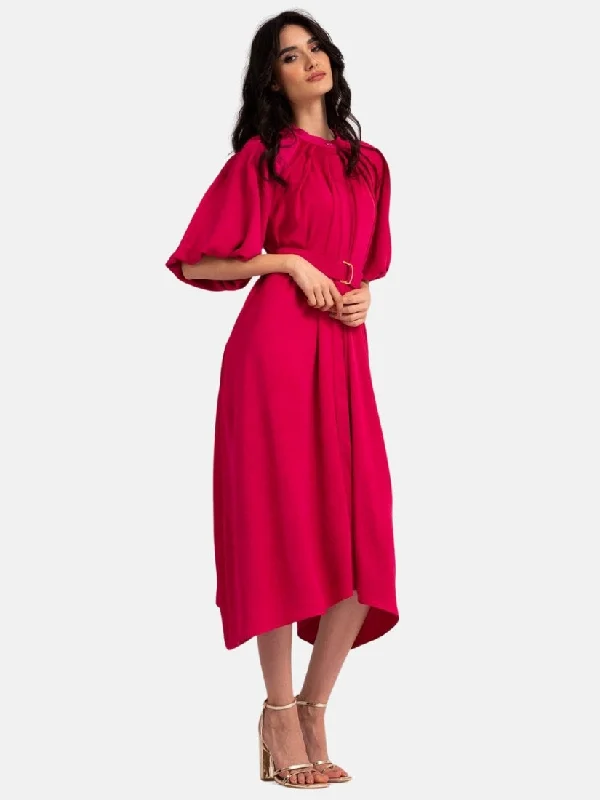 Fuchsia Midi Dress with Raglan Sleeve and Pleats Stylish Satin Midi Dress