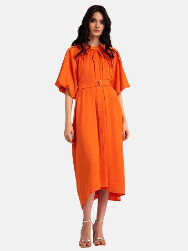 Orange Midi Dress with Raglan Sleeve and Pleats Elegant Lace Trim Midi Dress