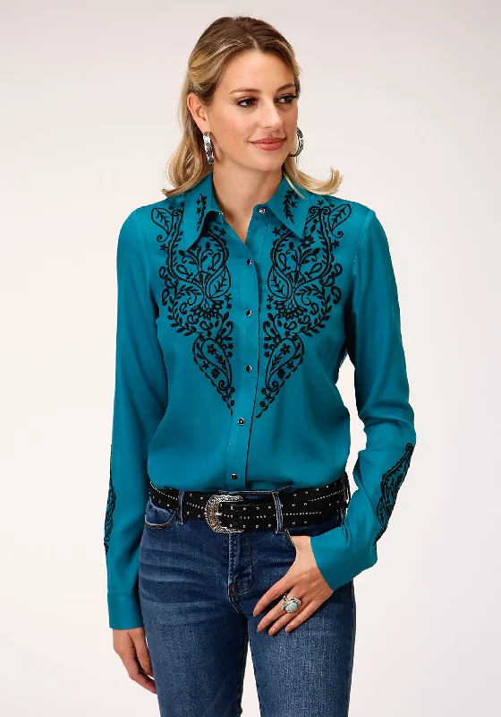 Roper Wms Studio West Collection LS Shirt Solid Green - Black Friday Sale Fashionable Sheer Short Shirt
