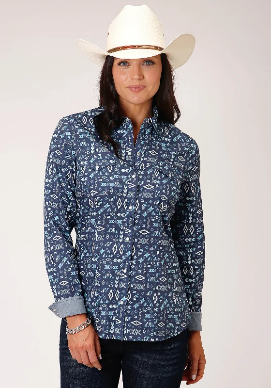 Roper Wms West Made Collection LS Shirt Print Blue - Black Friday Sale Fashionable Short Sleeve Vest