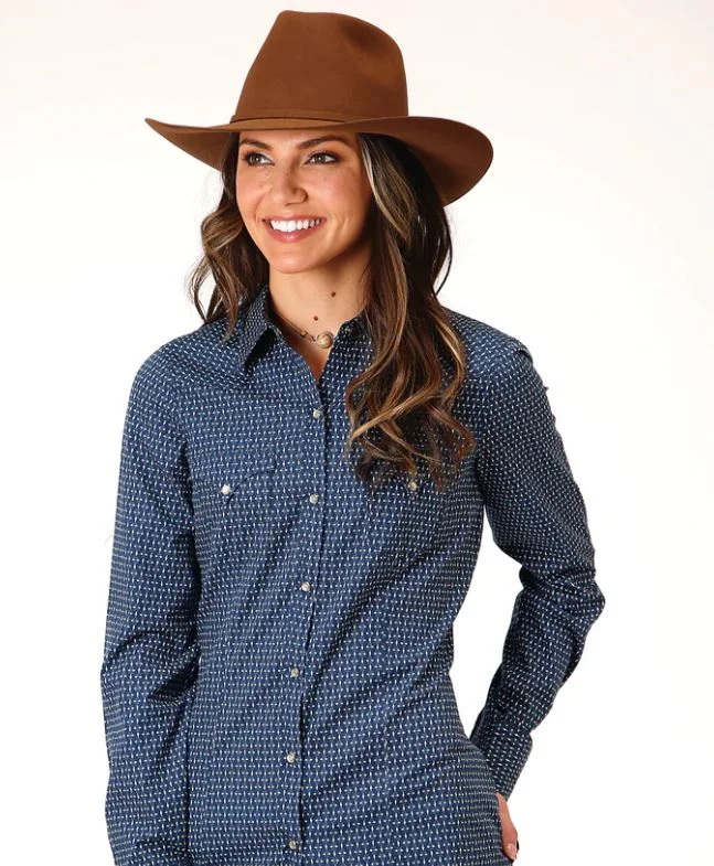 Roper Wms West Made Collection LS shirt Print Blue Classic Cropped Short Sleeve