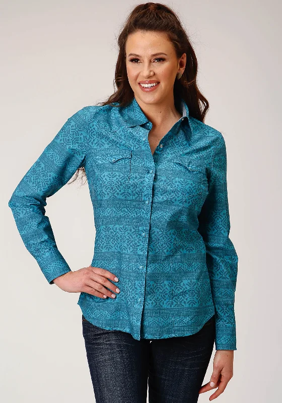 Roper Wms West Made Collection LS Shirt Print Blue - Black Friday Sale Soft Cotton Short Shirt