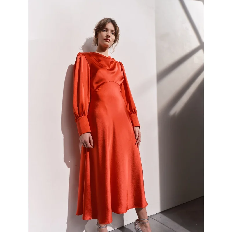 Sadie Red Satin Cowl Neck Midi Dress Comfortable Ruched Midi Dress