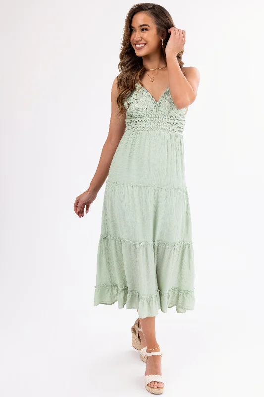 Sage Crochet Bodice Tiered Midi Dress Fashionable Polka Dot Midi Dress