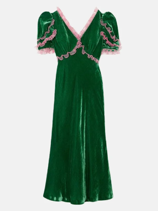 Ruffled Tulle Trimmed Velvet Midi Dress in Green Comfortable Lace-Up Midi Dress