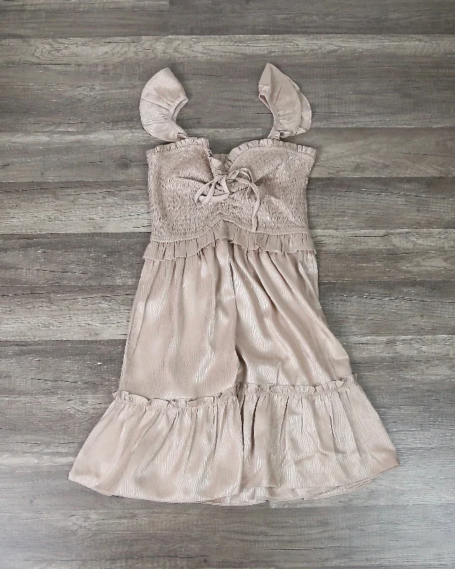 Satin Heart Neckline Smocked Bodice Mini Dress in Champagne Elegant Tulle Mini Dress