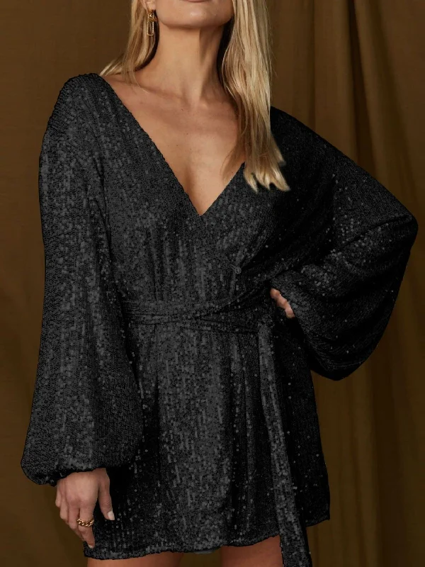 Sequin Surplice Tie Waist Mini Dress Classic White Mini Dress