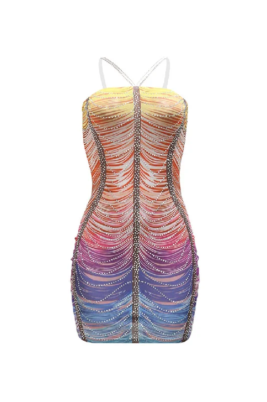 Sexy Crystal Embellished Wavy Print Bodycon Mesh Party Micro Mini Dress Stylish Sweetheart Mini Dress