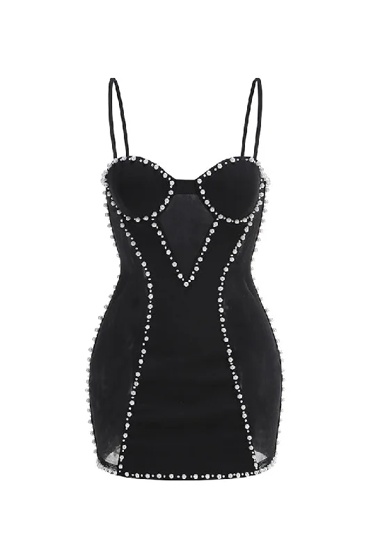 Sexy Pearl Trim Bustier Spaghetti Strap Sheer Mesh Panel Club Mini Dress Fashionable Lace-Trim Mini Dress
