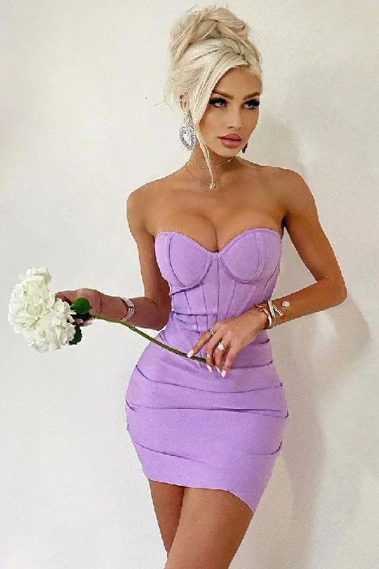 Sexy Sweetheart Strapless Pleated Bodycon Bandage Mini Dress - Purple Casual V-Neck Mini Dress