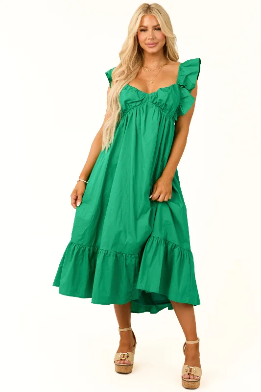 She+Sky Kelly Green Flutter Sleeve Midi Dress Trendy Tiered Hem Midi Dress