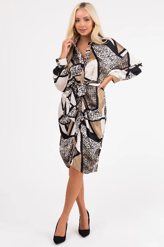 She+Sky Champagne Multiprint Button Down Midi Dress Stylish Off-Shoulder Ruffle Dress