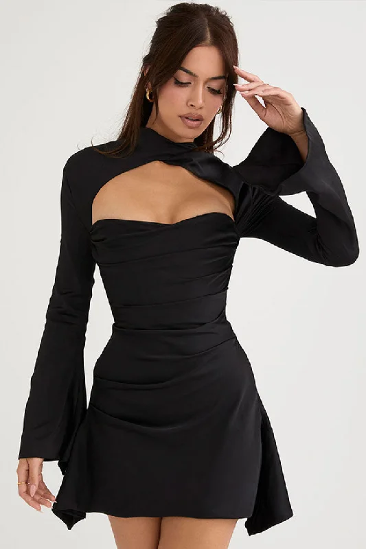 Silky Gathered High Neck Long Sleeve Cutout Party Mini Dress - Black Cozy Satin Mini Dress