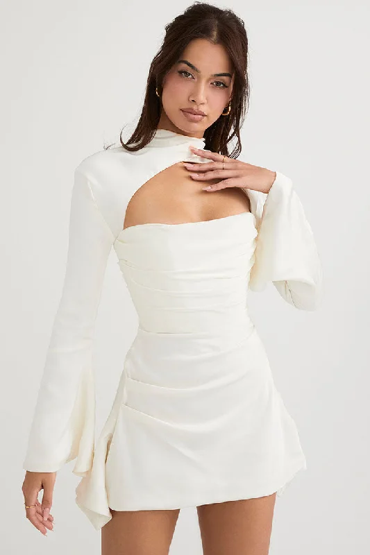 Silky Gathered High Neck Long Sleeve Cutout Party Mini Dress - White Fashionable Lace-Trim Mini Dress
