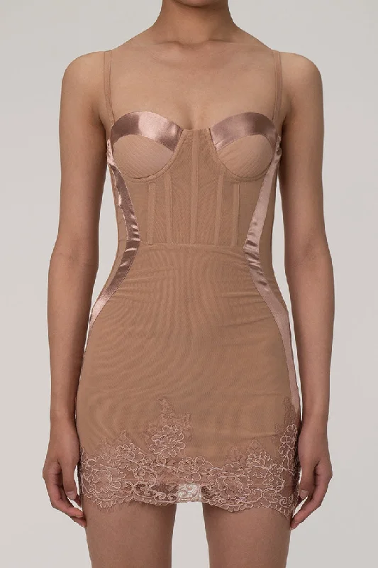 Silky Satin Bustier Corset Lace Mesh Sleeveless Sheath Party Micro Mini Dress Classic Striped Mini Dress