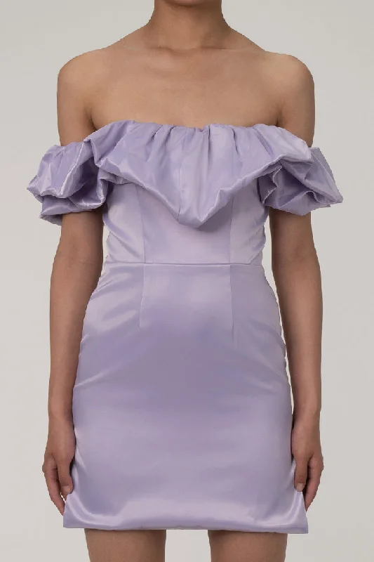 Silky Satin Puffy Ruffle Off Shoulder High Rise Split Bodycon Party Mini Dress Comfortable Fit-and-Flare Mini Dress
