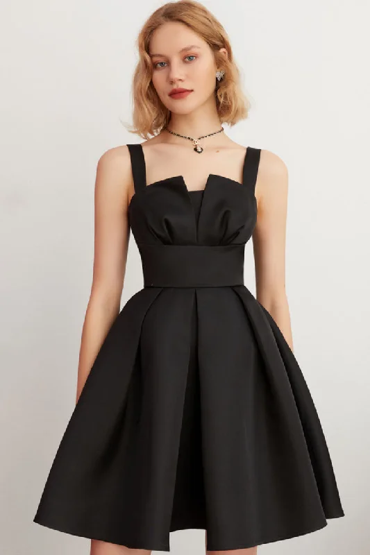 Silky Satin Suspender Strap Pleated Fit & Flare Party Mini Dress - Black Trendy Cut-Out Mini Dress