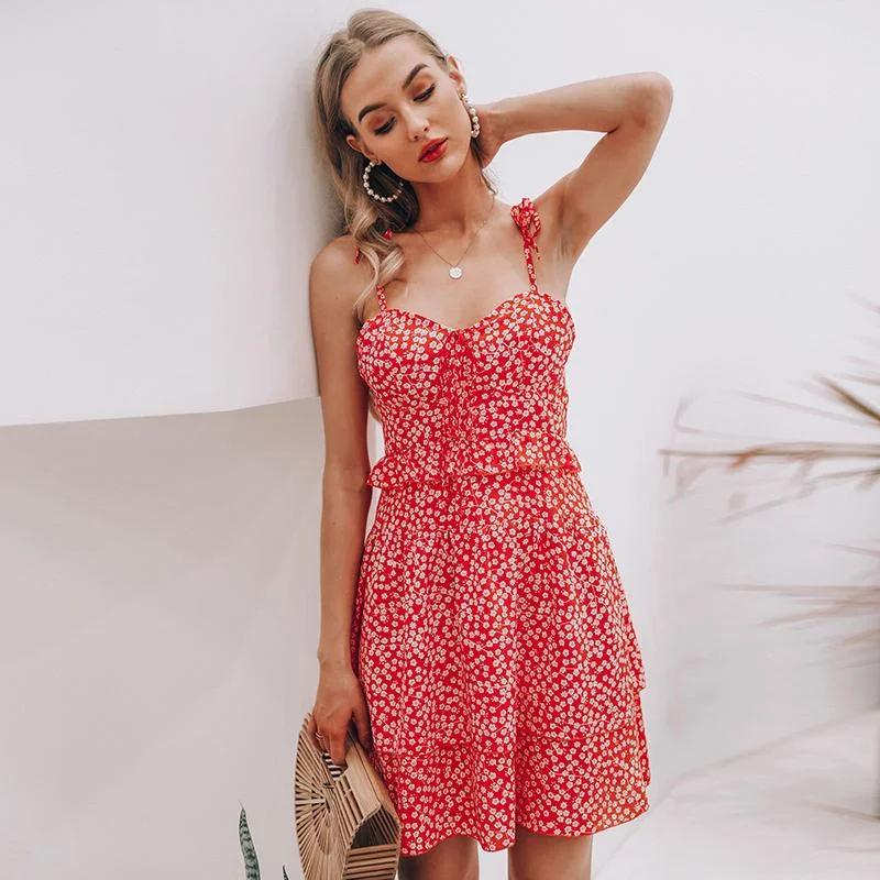 Boho Style Sleeveless Floral Print Summer Dress High Waist Ruffle Mini Dress Stylish Ruffle Mini Dress