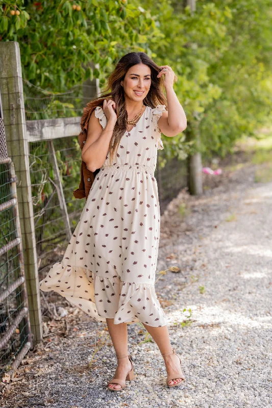 Sketched Ruffle Trim Midi Dress Trendy Smocked Waist Midi Dress