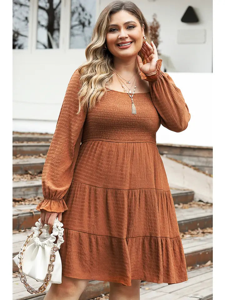Smocked & Tiered Mini Dress (Plus) Casual Button-Up Mini Dress