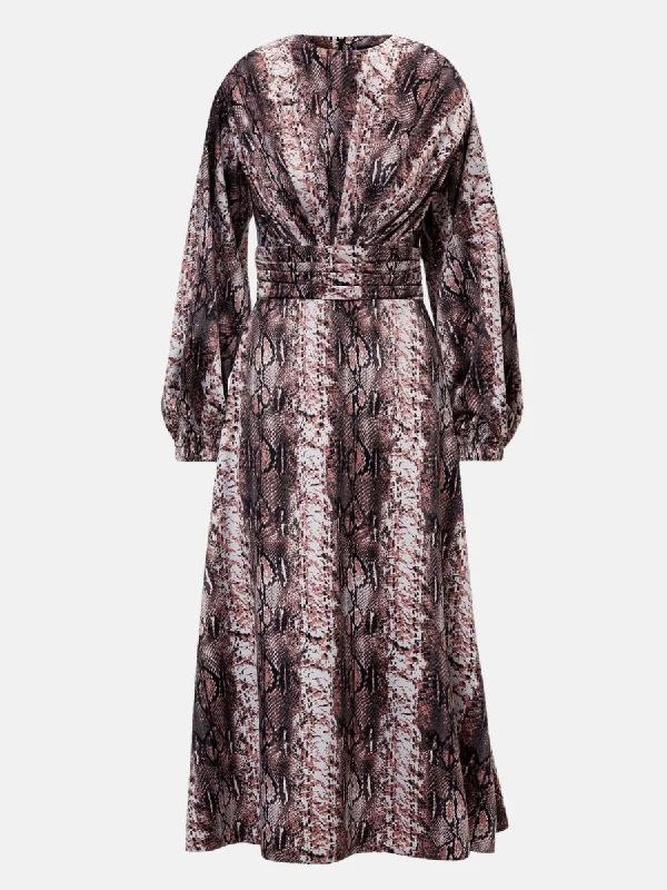Snake Print Midi Dress With Shoulder Pads Detail And Pleats Stylish Off-Shoulder Ruffle Dress Snake Print Midi Dress With Shoulder Pads Detail And Pleats Stylish Off-Shoulder Ruffle Dress