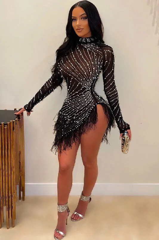 Sparkly Crystal High Neck Sheer Mesh Bodycon Feather Party Mini Dress - Black Stylish Floral Print Mini Dress