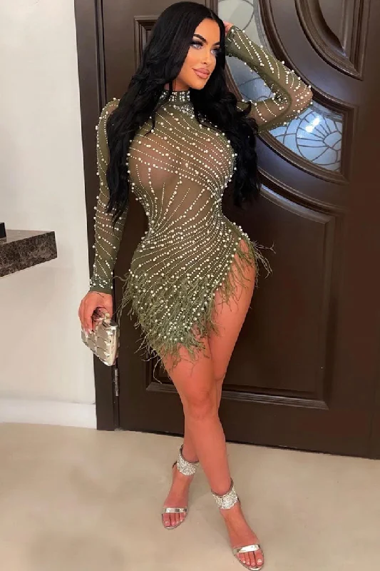 Sparkly Crystal High Neck Sheer Mesh Bodycon Feather Party Mini Dress - Green Trendy Button-Detail Mini Dress
