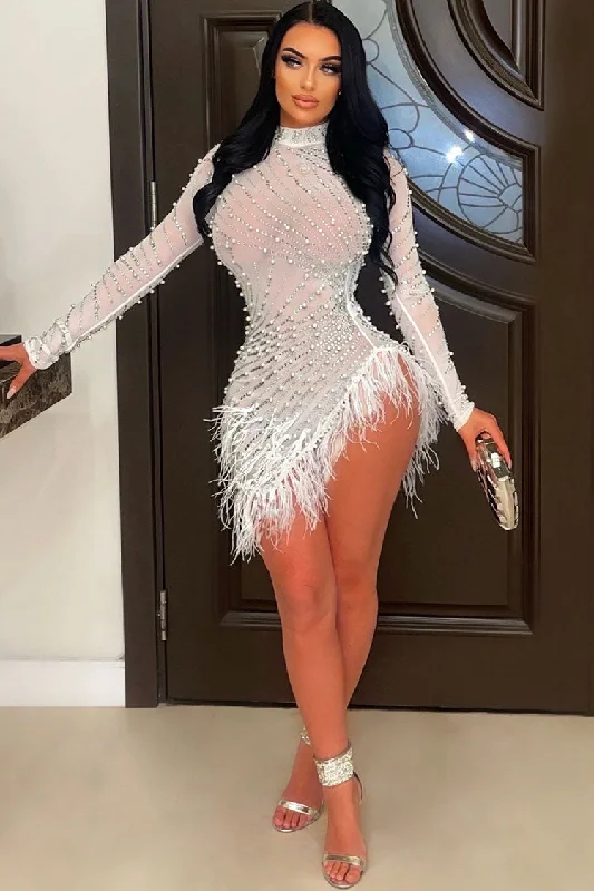 Sparkly Crystal High Neck Sheer Mesh Bodycon Feather Party Mini Dress - White Trendy Crossover Mini Dress