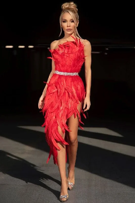Sparkly Crystal One Shoulder High Slit Feather Midi Dress - Red Fashionable Sheer Sleeve Midi Dress Sparkly Crystal One Shoulder High Slit Feather Midi Dress - Red Fashionable Sheer Sleeve Midi Dress