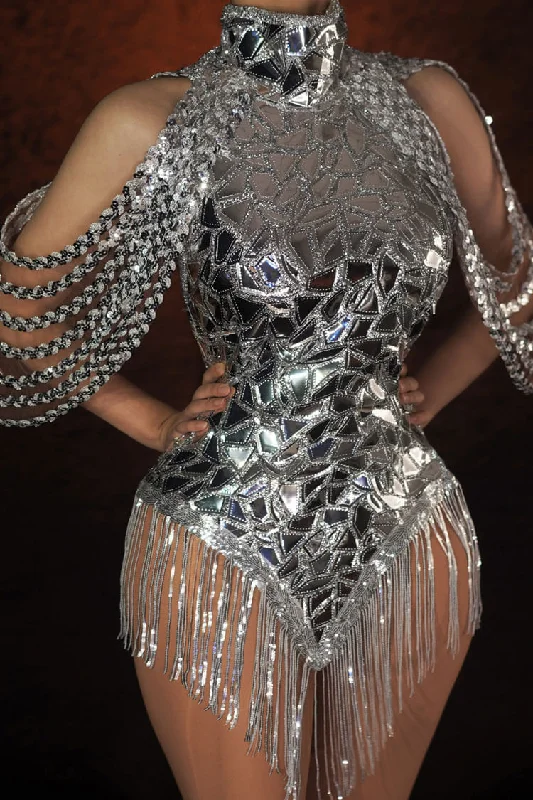 Sparkly Halter Neck Cold Shoulder Backless Sequin Fringe Party Mini Dress - Silver Trendy Tie-Dye Mini Dress