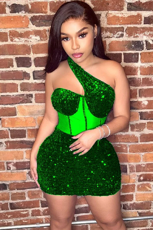 Sparkly One Shoulder Mesh Velvet Sequin Bodycon Party Mini Dress - Green Cozy Long Sleeve Mini Dress