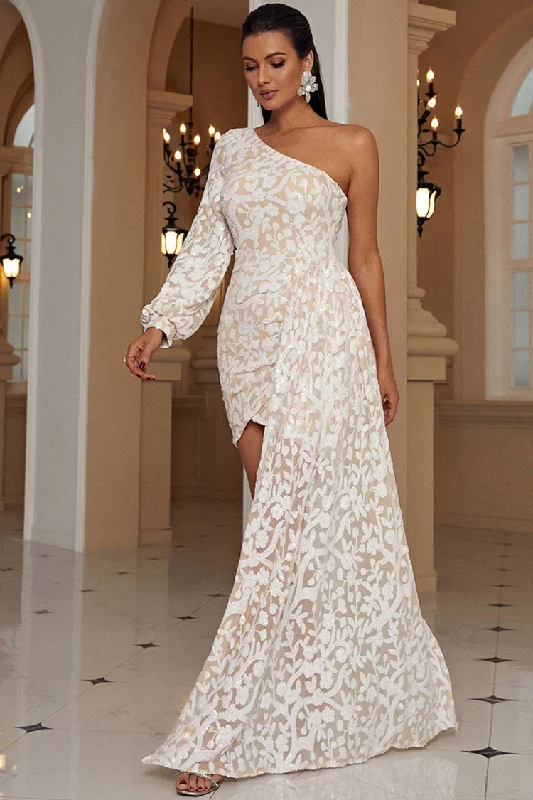 Sparkly One Shoulder Sequined Floral Draped Party Mini Dress - Apricot Fashionable Boho-Chic Mini Dress