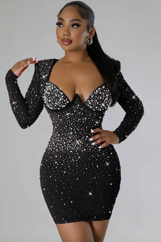 Sparkly Rhinestone Beaded Bustier Long Sleeve Party Mini Dress - Black Classic Striped Mini Dress