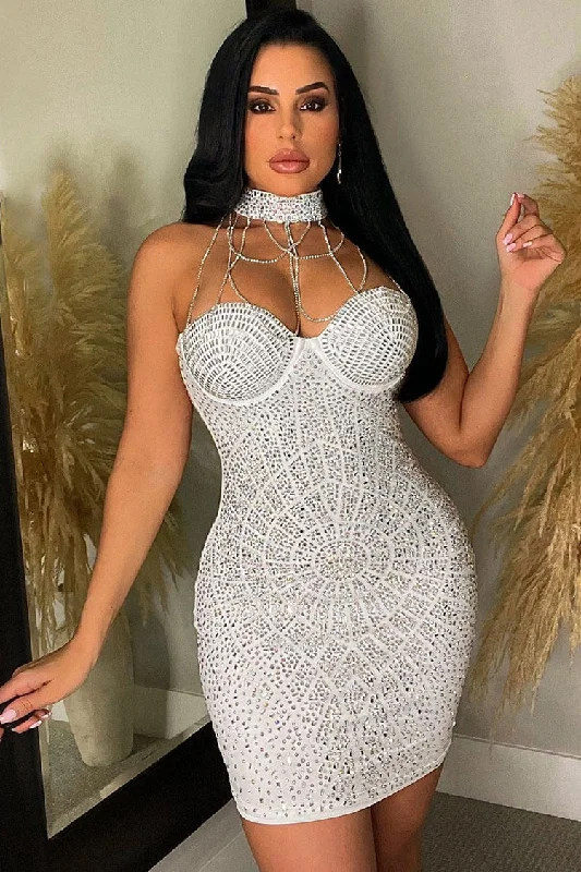 Sparkly Rhinestone Chain Halter Sweetheart Bodycon Party Mini Dress - White Cozy Sweater Mini Dress