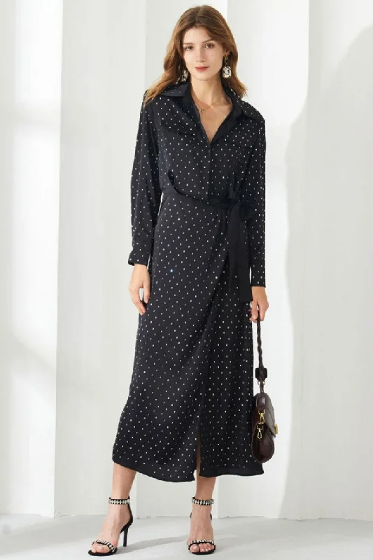 Sparkly Rhinestone Dotted Collared Long Sleeve Belted Shirt Midi Dress - Black Elegant Velvet Midi Dress Sparkly Rhinestone Dotted Collared Long Sleeve Belted Shirt Midi Dress - Black Elegant Velvet Midi Dress