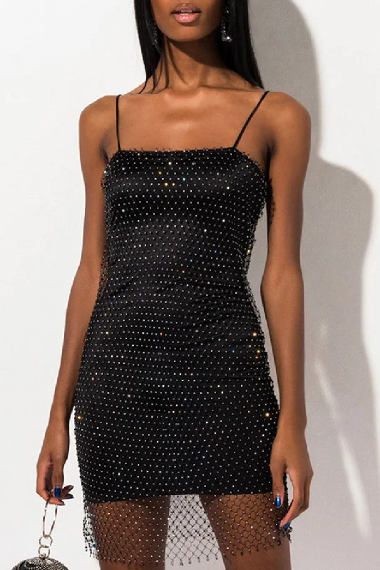Sparkly Rhinestone Embellished Spaghetti Strap Bodycon Party Mini Dress - Black Chic Sleeveless Mini Dress